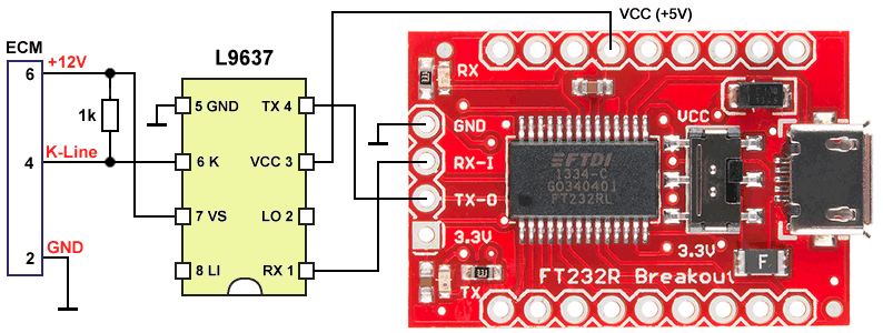 ISO14230 RS232 to K-Line Adapter circuit with FTDI chip